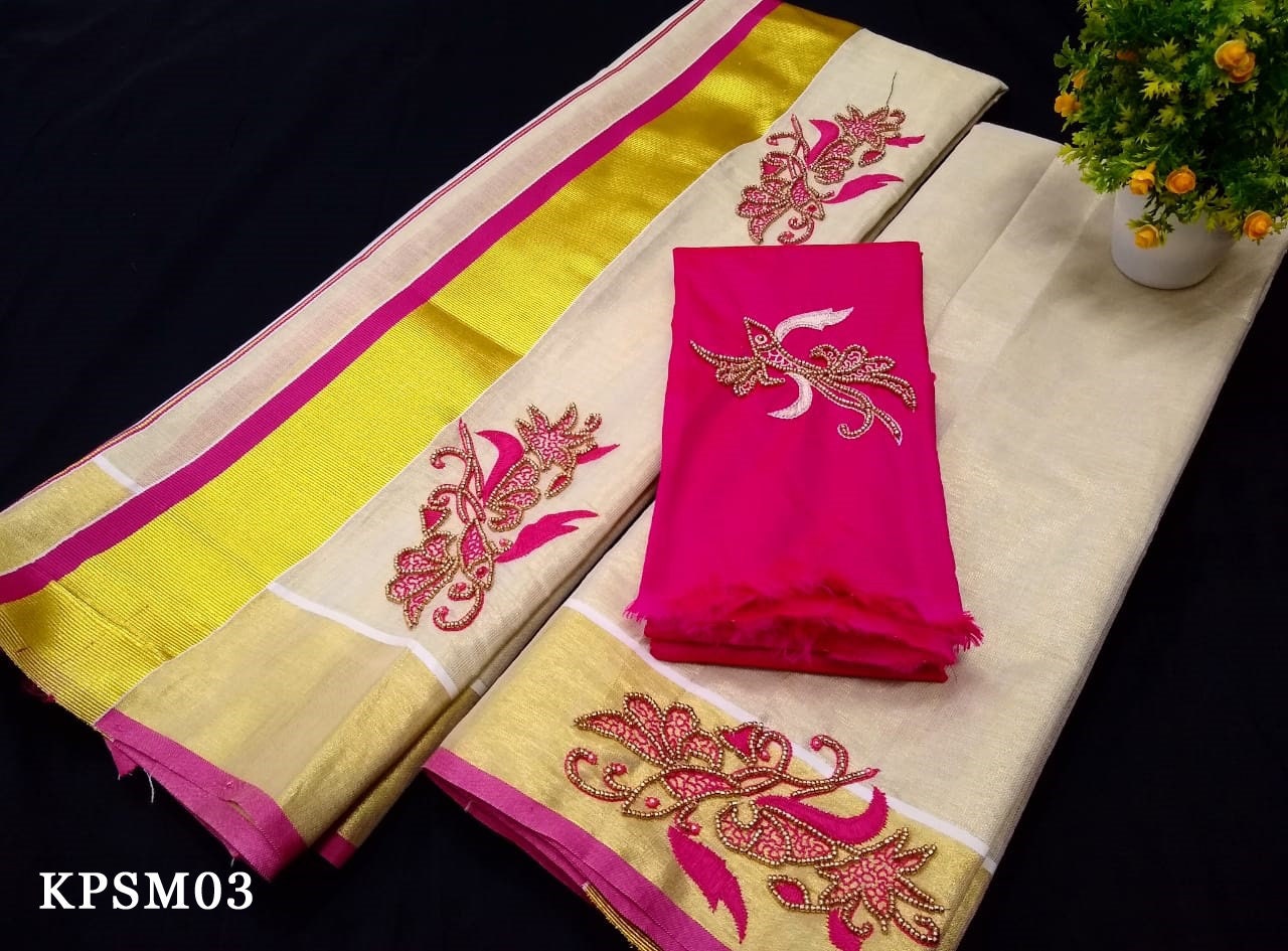 Kerala Tissue Set Mundu with Blouse Material / Indian traditional women clothing/ Handmade designs. Onam dress, Vishu Festival wear