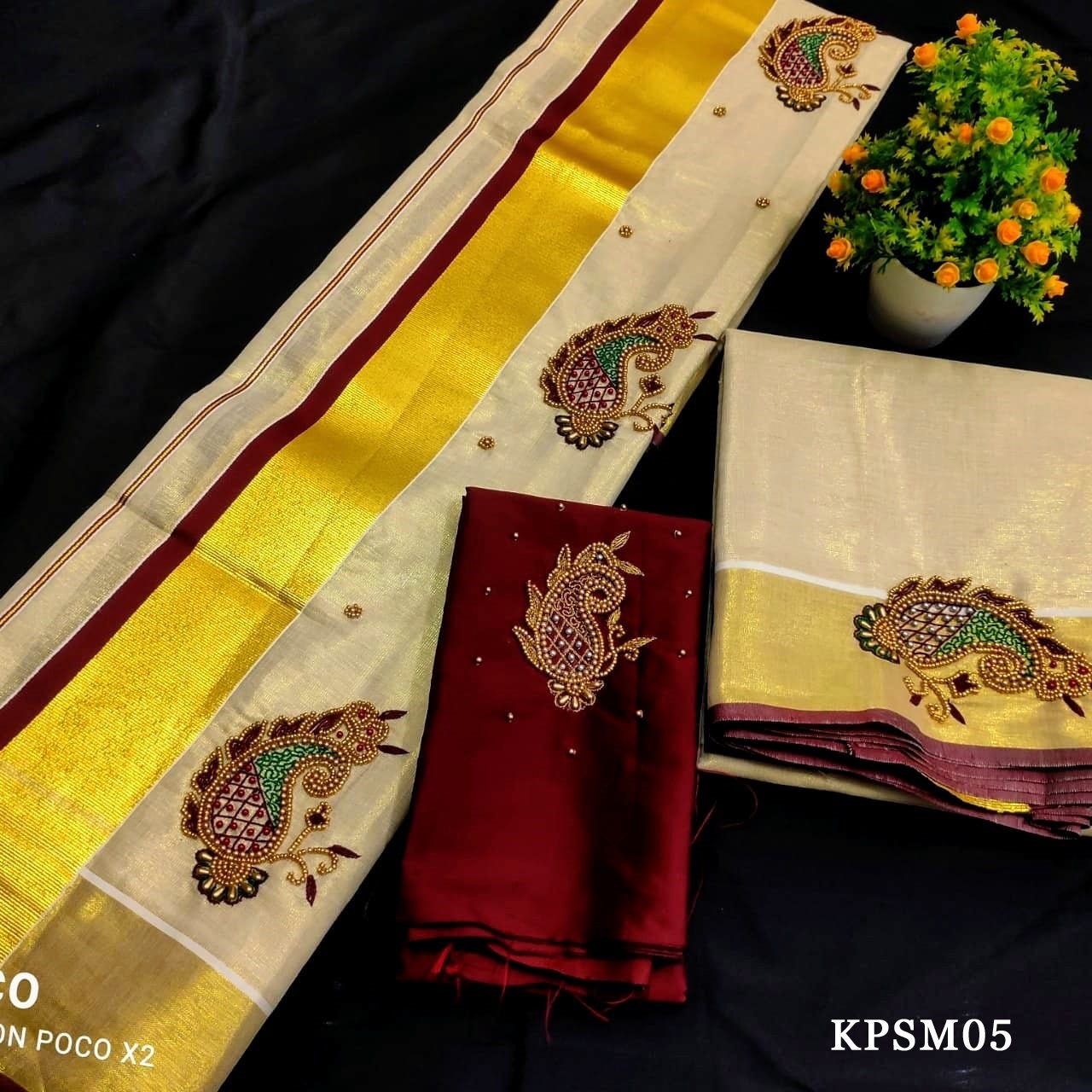 Kerala Tissue Set Mundu with Blouse Material / Indian traditional women clothing/ Handmade designs. Onam dress, Vishu Festival wear