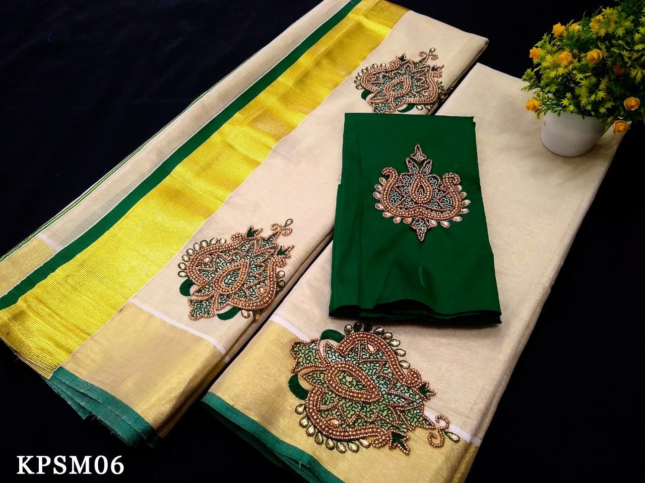 Kerala Tissue Set Mundu with Blouse Material / Indian traditional women clothing/ Handmade designs. Onam dress, Vishu Festival wear