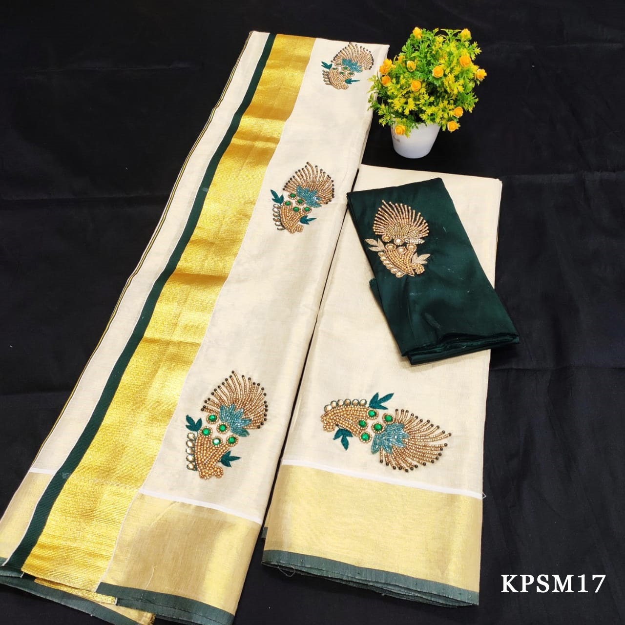 Kerala Tissue Set Mundu with Blouse Material / Indian traditional women clothing/ Handmade designs/Onam Vishu Set Mundu