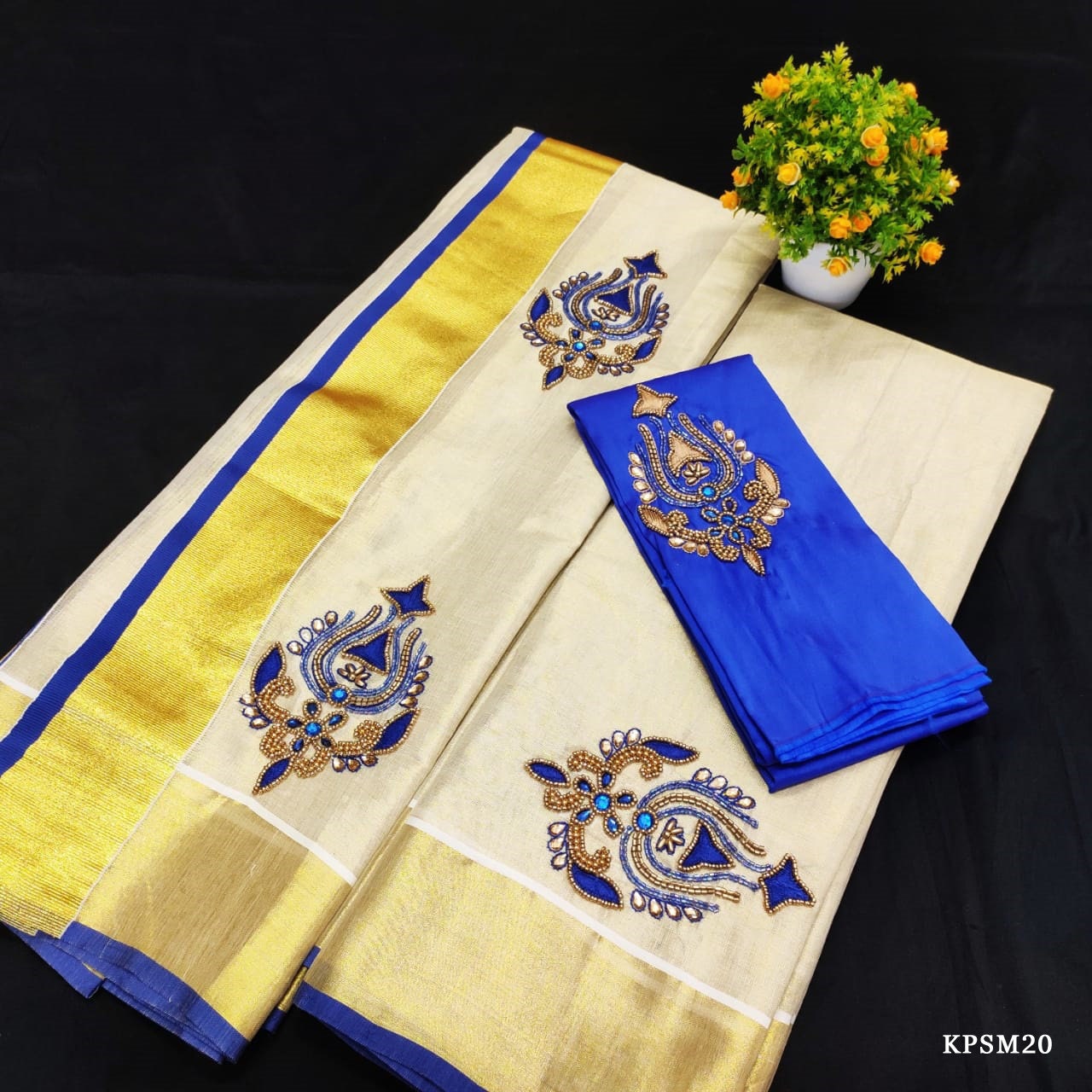 Kerala Tissue Set Mundu with Blouse Material / Indian traditional women clothing/ Handmade designs, Onam,Vishu special dress