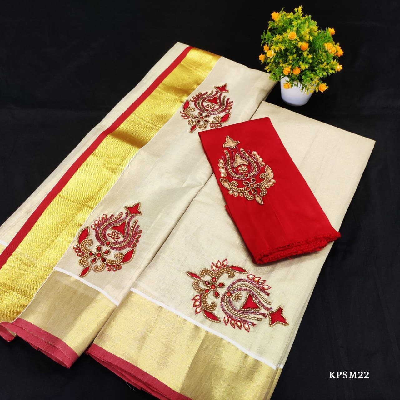 Kerala Tissue Set Mundu with Blouse Material / Indian traditional women clothing/ Handmade designs, Onam,Vishu special dress