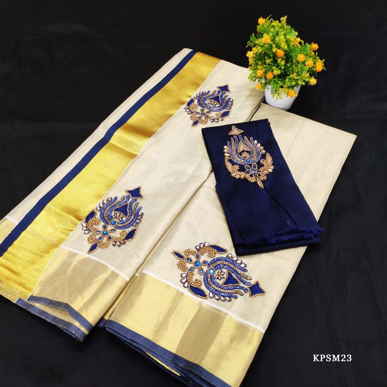 Kerala Tissue Set Mundu with Blouse Material / Indian traditional women clothing/ Handmade designs, Onam,Vishu special dress
