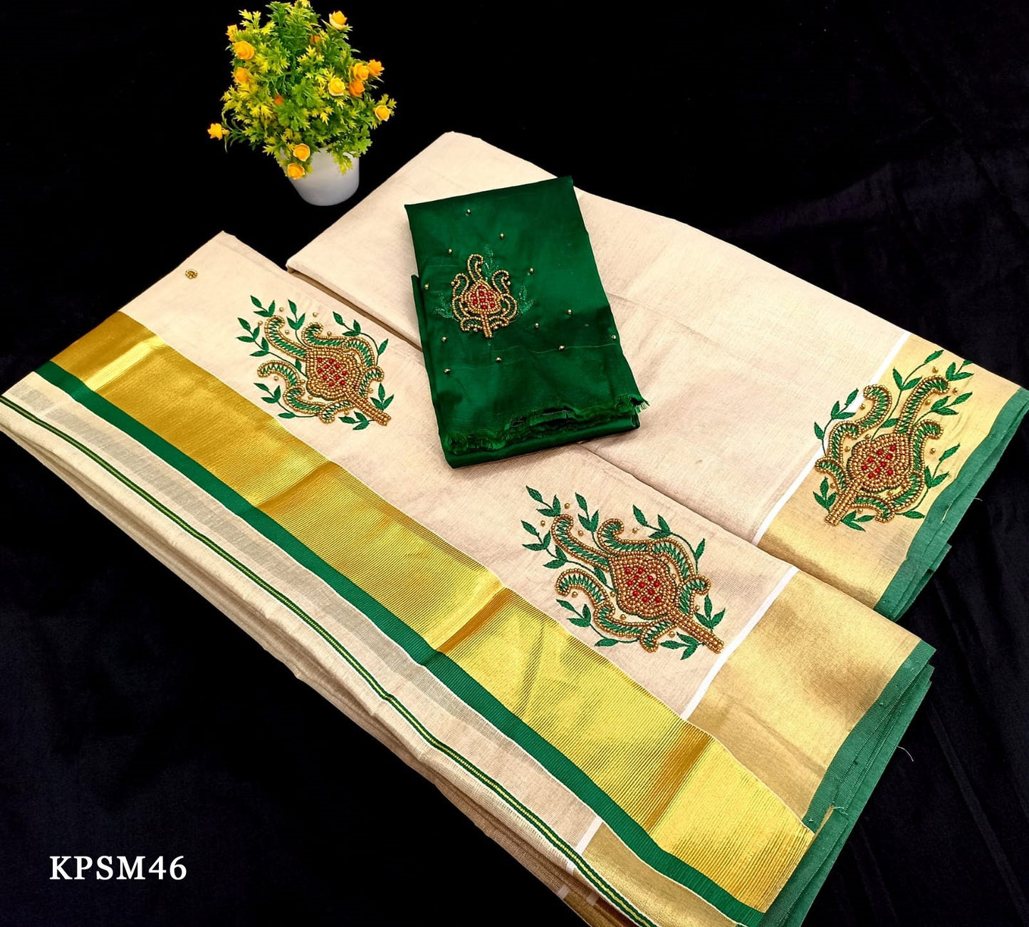 Kerala Tissue Set Mundu with Blouse Material / Indian traditional women clothing/ Handmade designs, Vishu Set Mundu