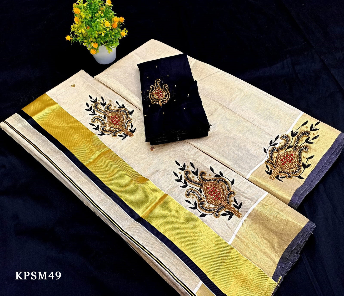 Kerala Tissue Set Mundu with Blouse Material / Indian traditional women clothing/ Handmade designs, Vishu Set Mundu