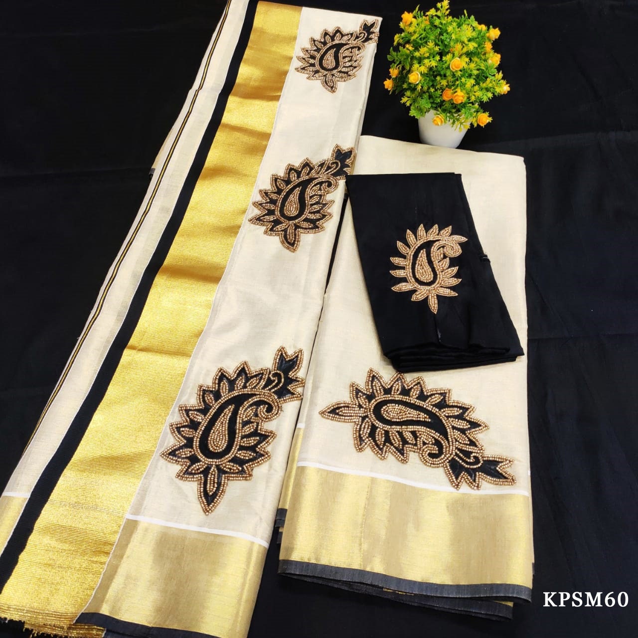 Kerala Tissue Set Mundu with Ready wear Blouse or Blouse Material / Indian traditional women clothing/ Handmade designs, Vishu outfit