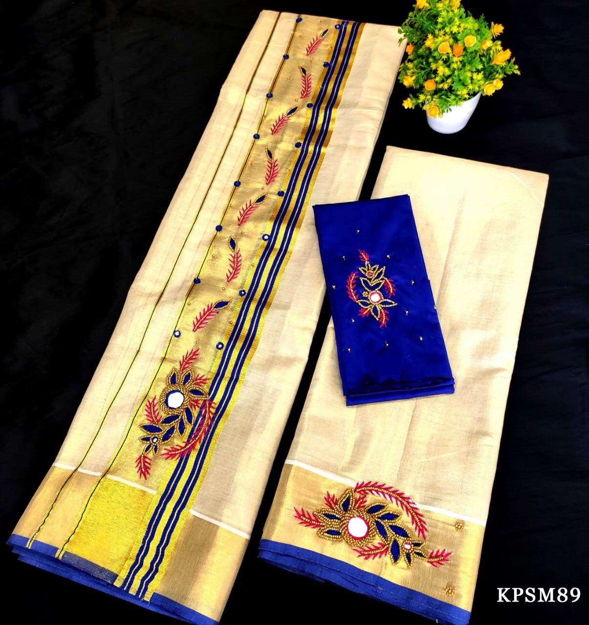 Kerala Tissue Set Mundu with Blouse Material / Indian traditional women clothing/ Handmade designs/Vishu Onam wear