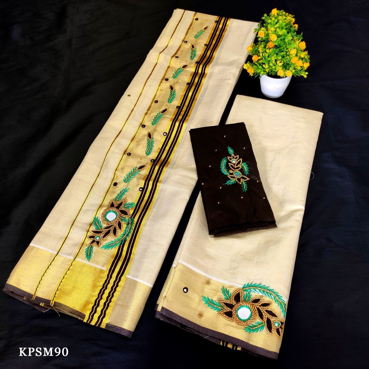 Kerala Tissue Set Mundu with Blouse Material / Indian traditional women clothing/ Handmade designs/Vishu Onam wear