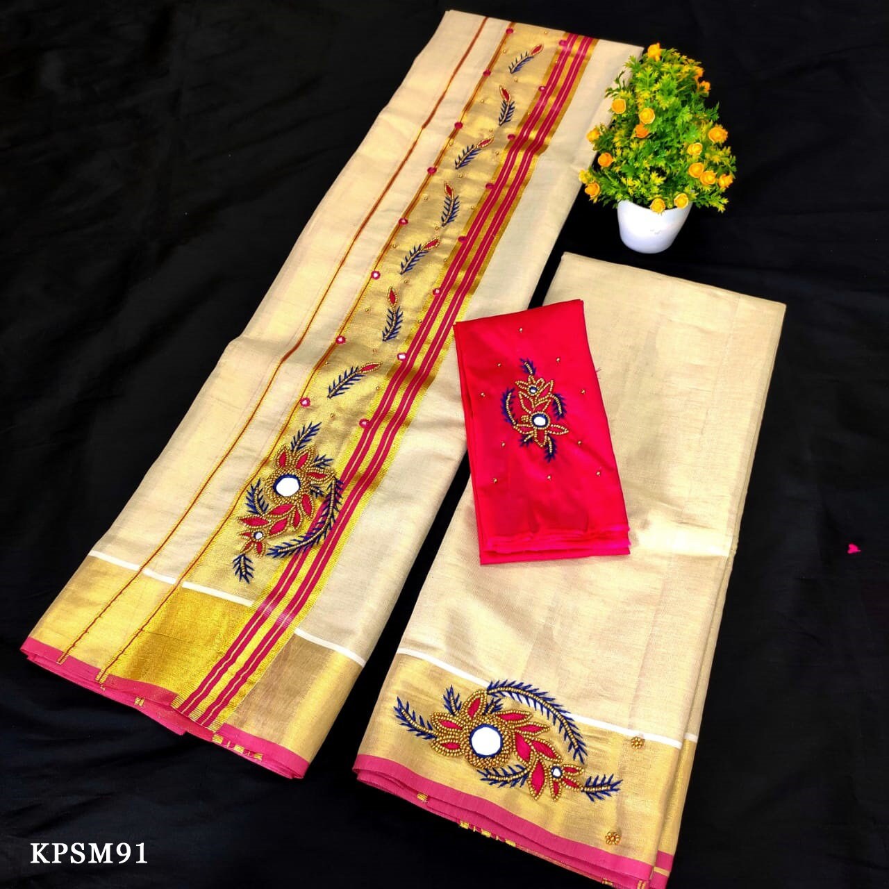 Kerala Tissue Set Mundu with Blouse Material / Indian traditional women clothing/ Handmade designs/Vishu Onam wear