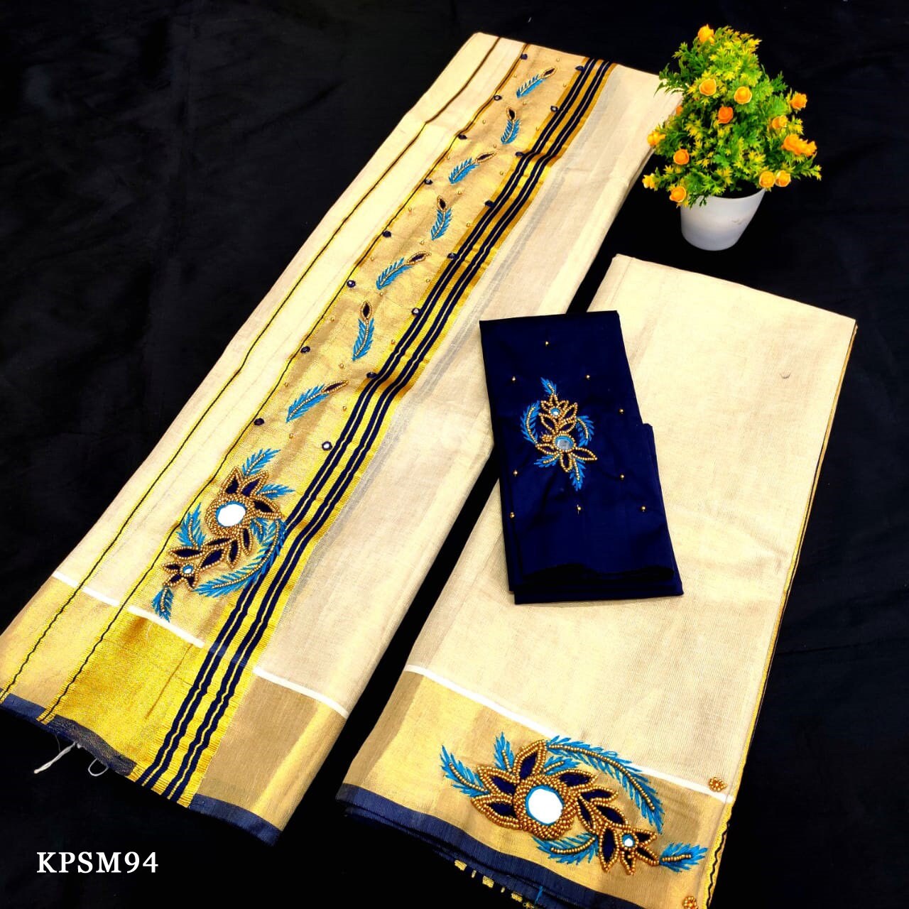 Kerala Tissue Set Mundu with Blouse Material / Indian traditional women clothing/ Handmade designs/Vishu Onam wear