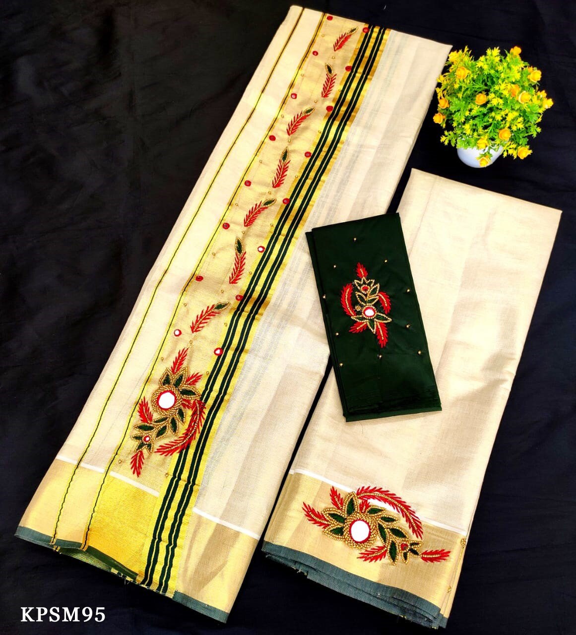 Kerala Tissue Set Mundu with Blouse Material / Indian traditional women clothing/ Handmade designs/Vishu Onam wear