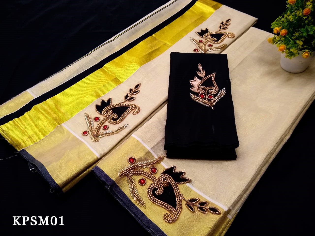 Kerala Tissue Set Mundu with Blouse Material / Indian traditional women clothing/ Handmade designs. Onam dress, Vishu Festival wear