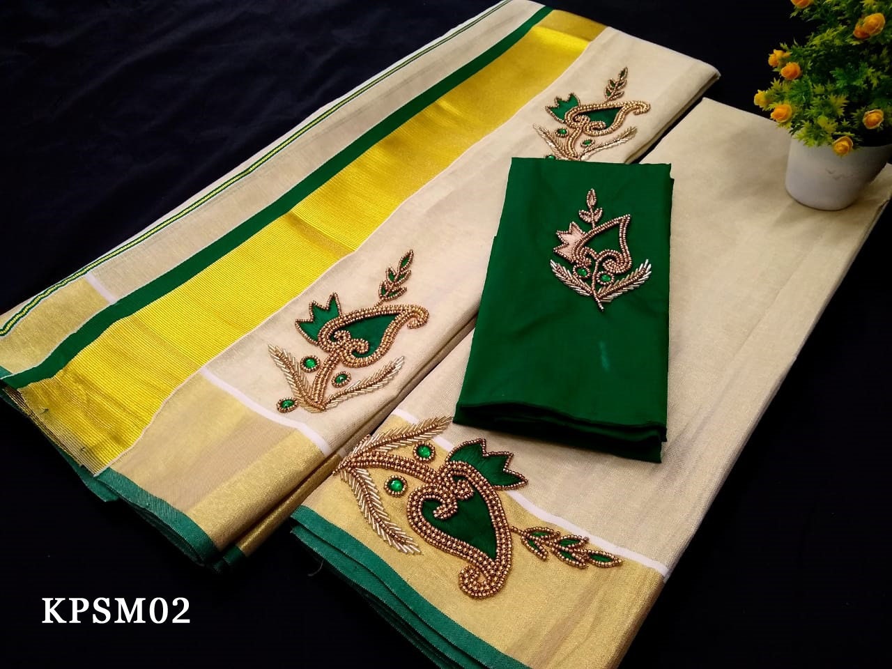 Kerala Tissue Set Mundu with Blouse Material / Indian traditional women clothing/ Handmade designs. Onam dress, Vishu Festival wear