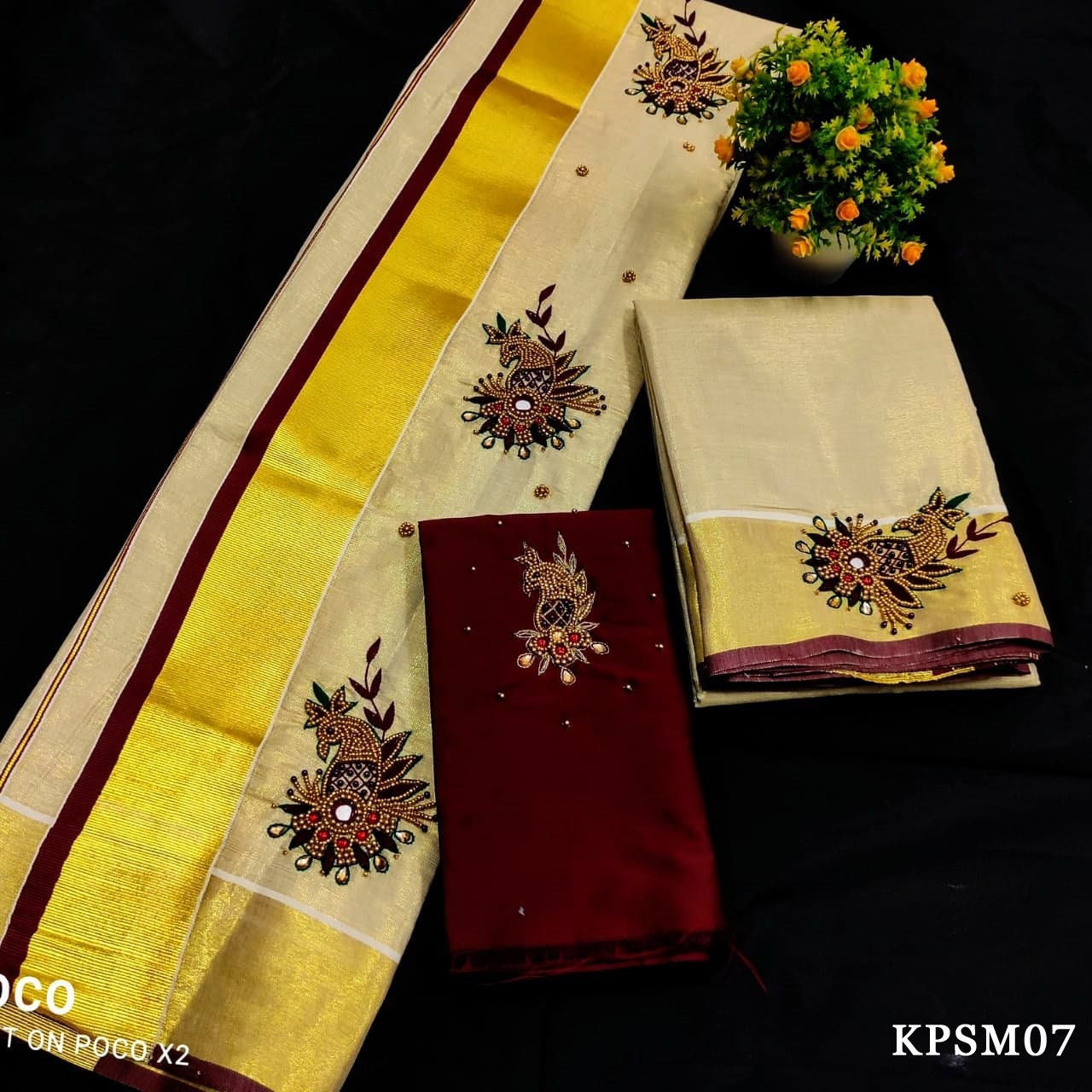 Kerala Tissue Set Mundu with Blouse Material / Indian traditional women clothing/ Handmade designs. Onam dress, Vishu Festival wear