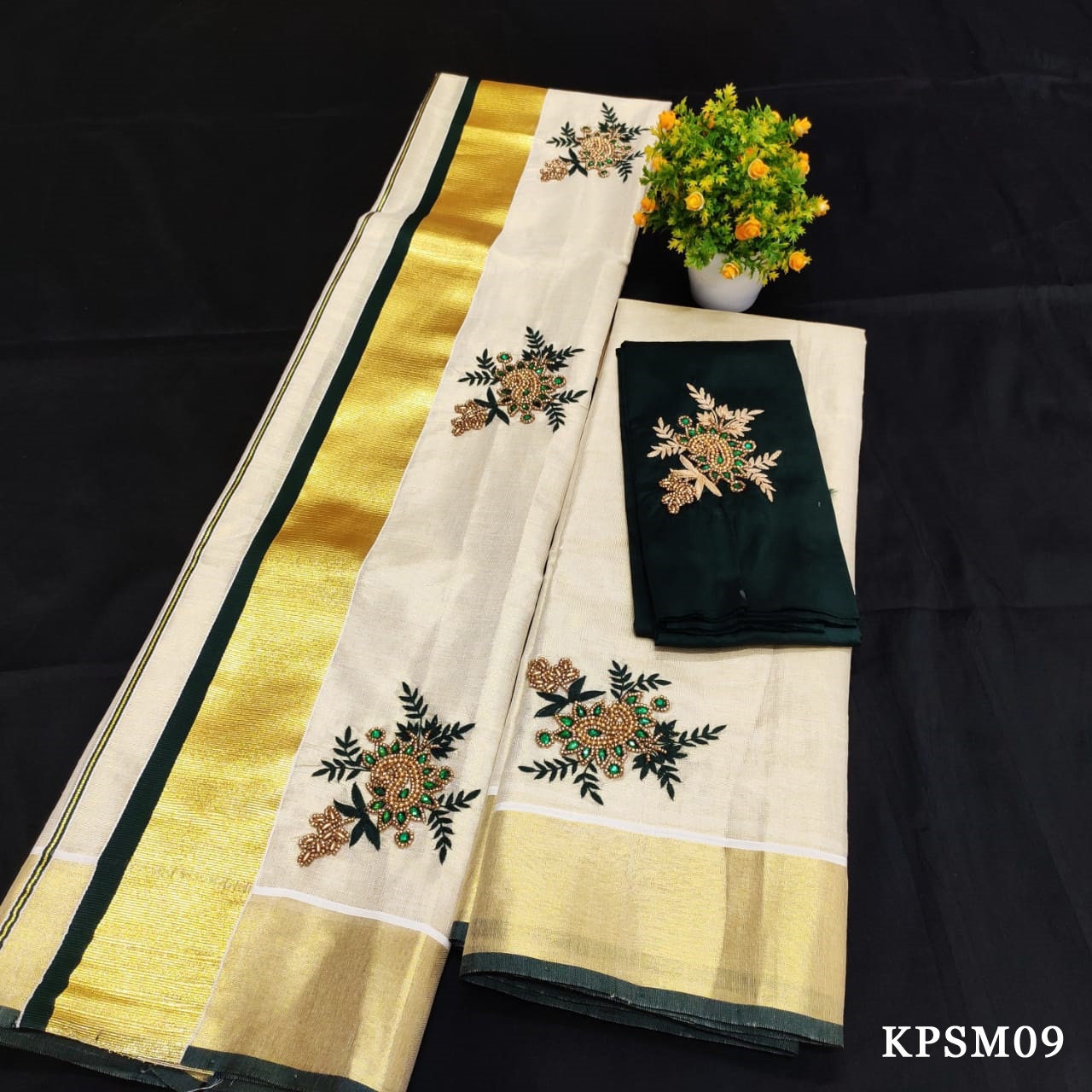 Kerala Tissue Set Mundu with Blouse Material / Indian traditional women clothing/ Handmade designs/Onam Vishu Set Mundu