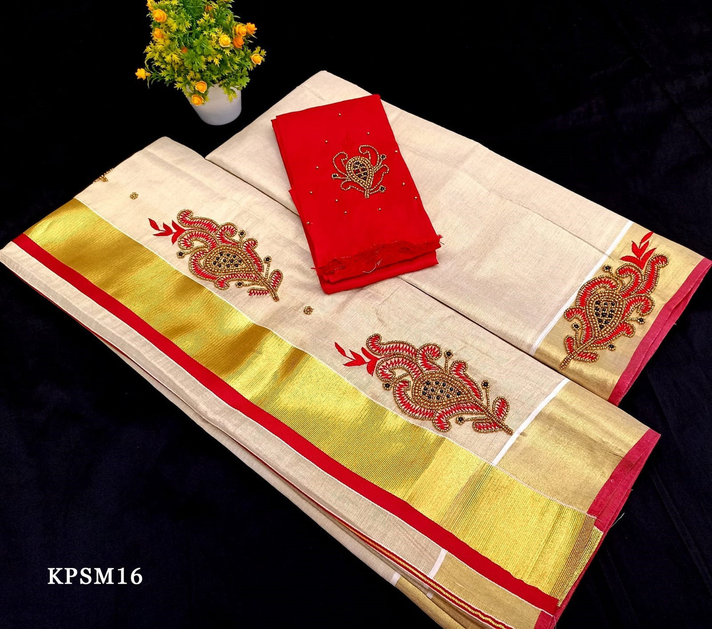 Kerala Tissue Set Mundu with Blouse Material / Indian traditional women clothing/ Handmade designs/Onam Vishu Set Mundu