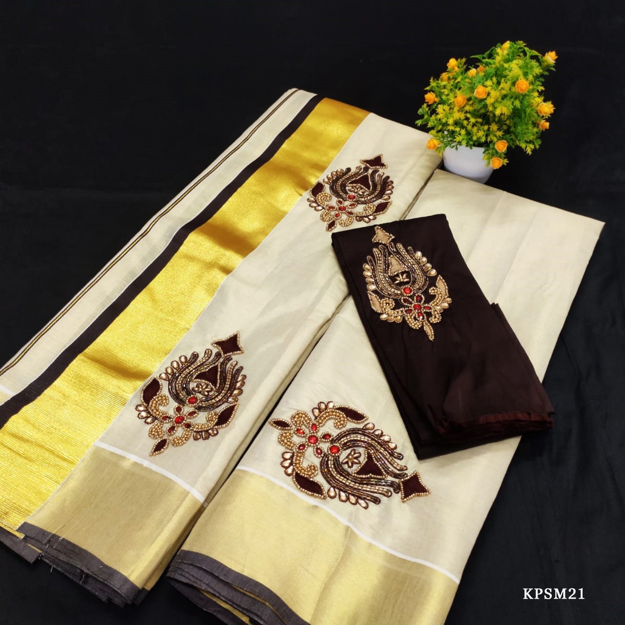 Kerala Tissue Set Mundu with Blouse Material / Indian traditional women clothing/ Handmade designs, Onam,Vishu special dress