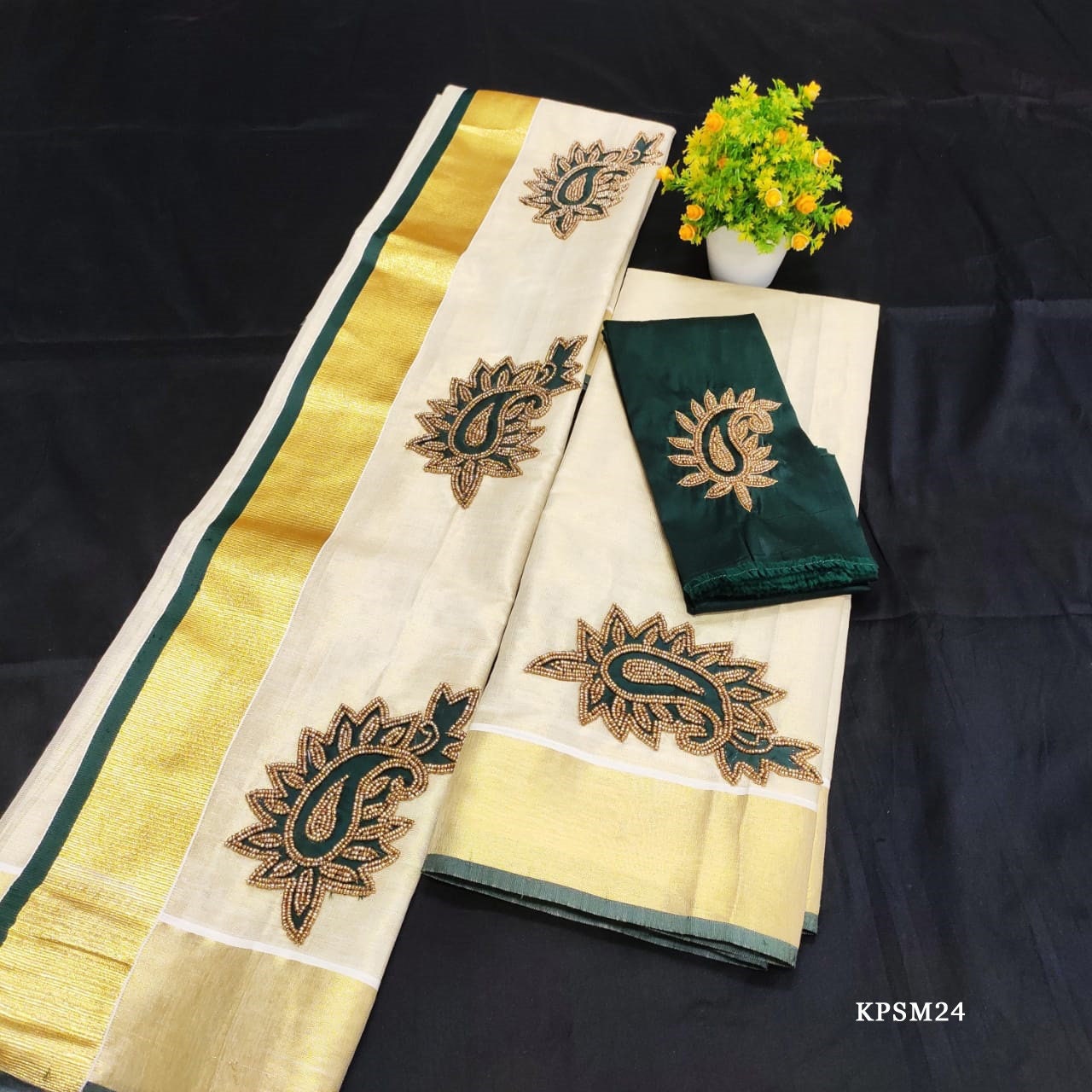 Kerala Tissue Set Mundu with Blouse Material / Indian traditional women clothing/ Handmade designs, Onam,Vishu special dress