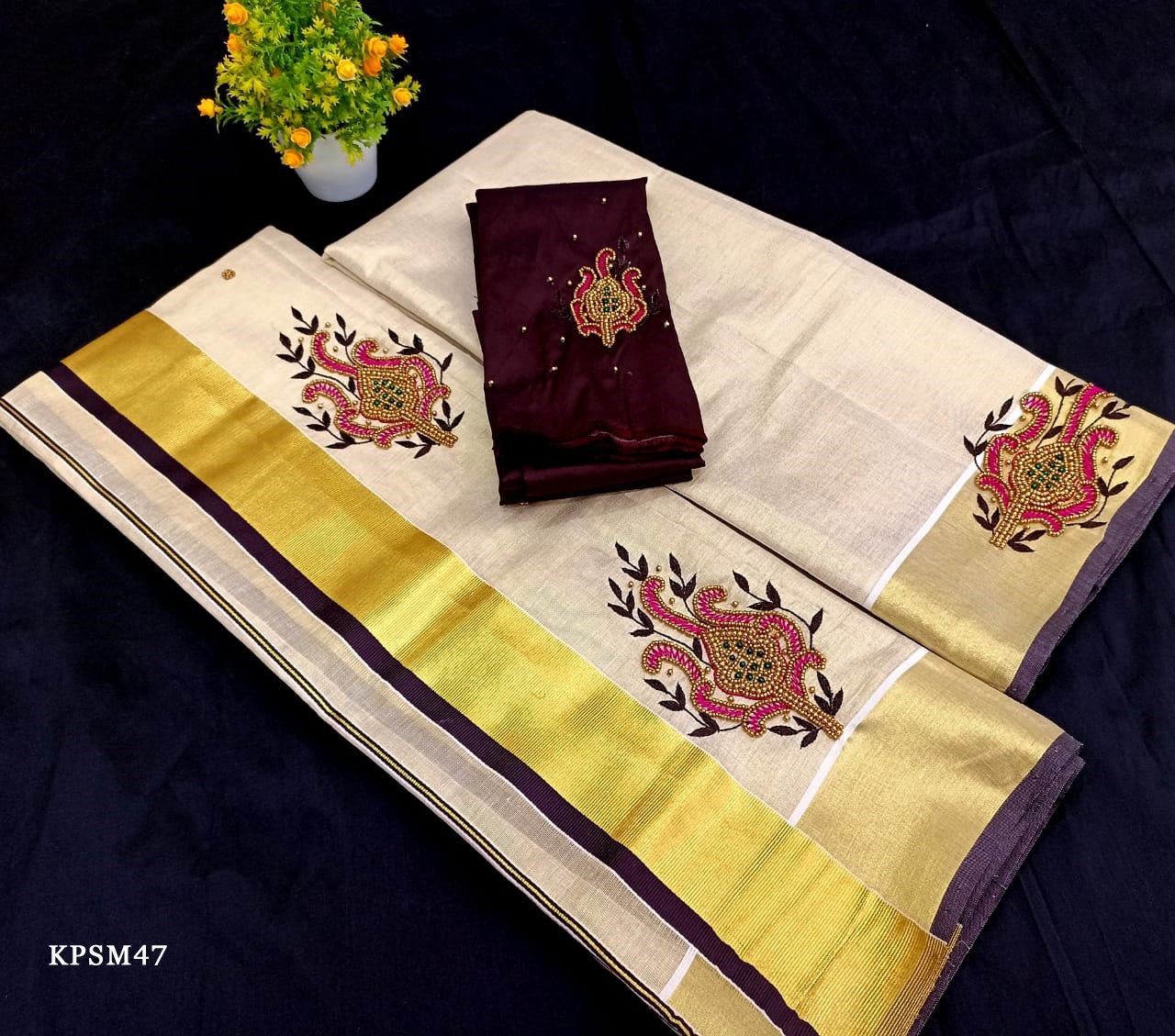 Kerala Tissue Set Mundu with Blouse Material / Indian traditional women clothing/ Handmade designs, Vishu Set Mundu
