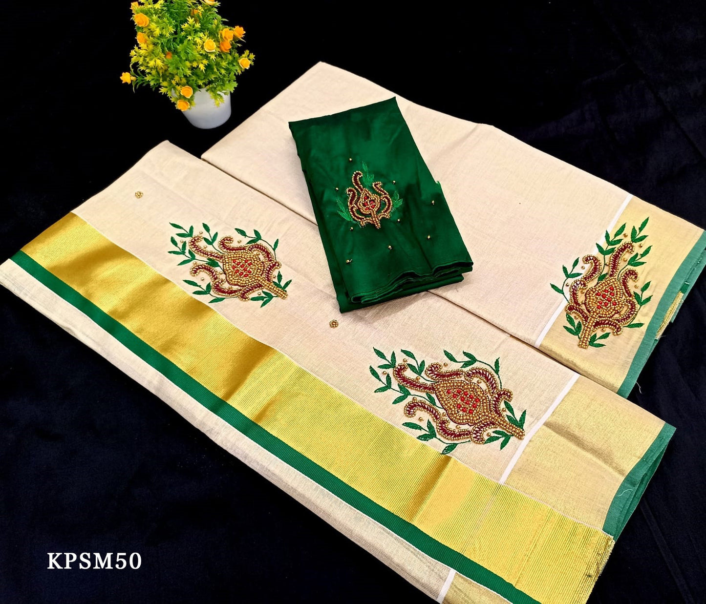Kerala Tissue Set Mundu with Blouse Material / Indian traditional women clothing/ Handmade designs, Vishu Set Mundu