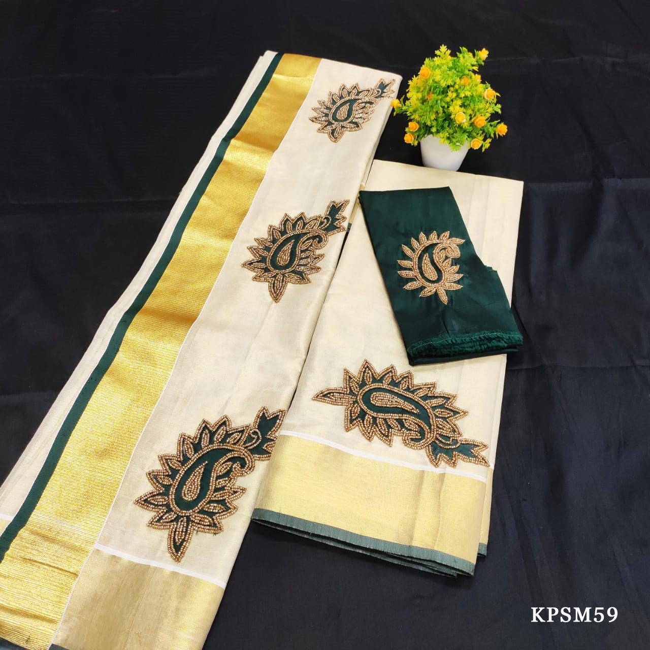 Kerala Tissue Set Mundu with Ready wear Blouse or Blouse Material / Indian traditional women clothing/ Handmade designs, Vishu outfit