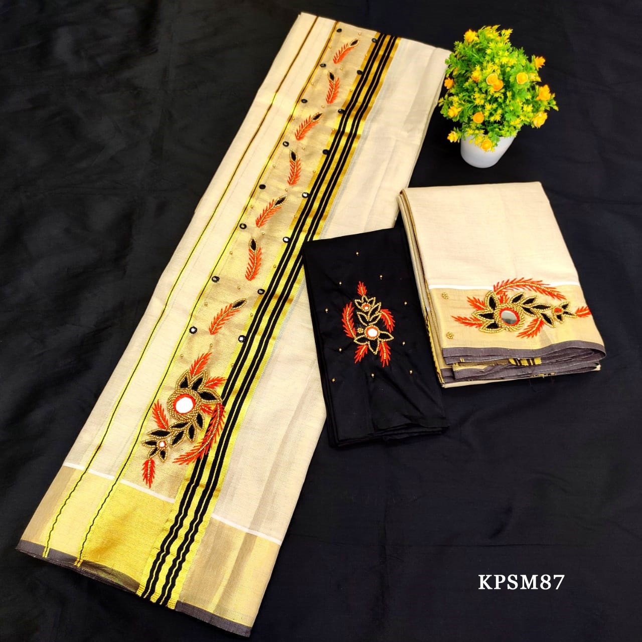 Kerala Tissue Set Mundu with Blouse Material / Indian traditional women clothing/ Handmade designs/Vishu Onam wear