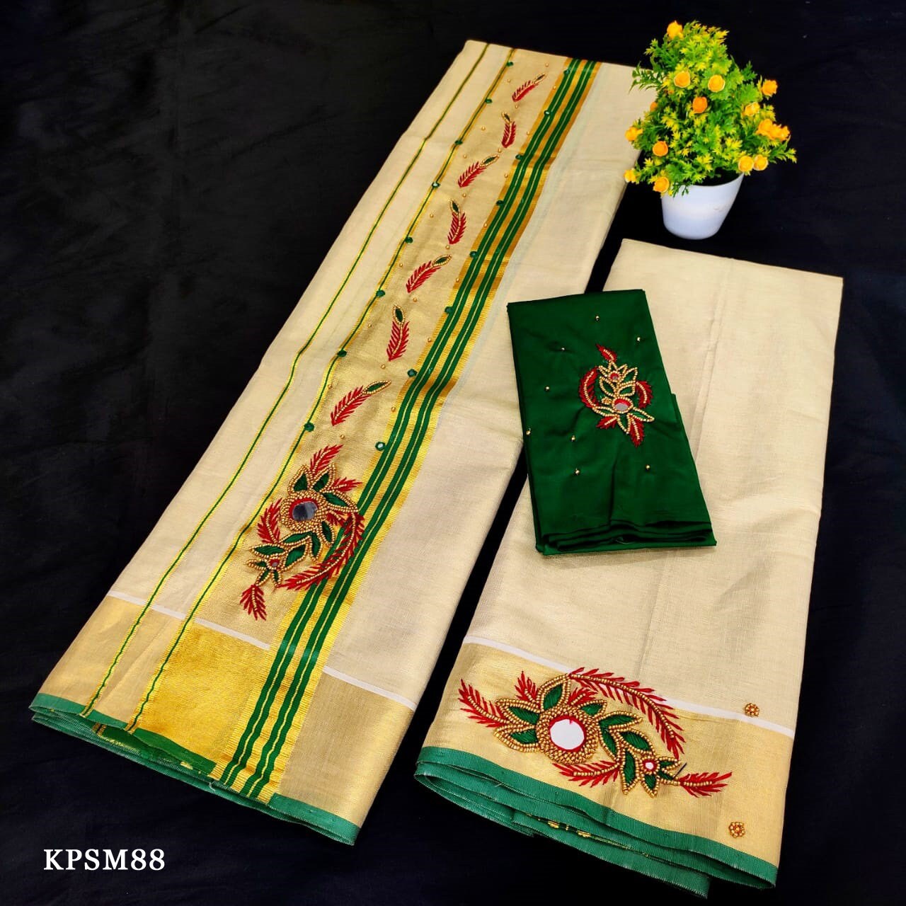 Kerala Tissue Set Mundu with Blouse Material / Indian traditional women clothing/ Handmade designs/Vishu Onam wear