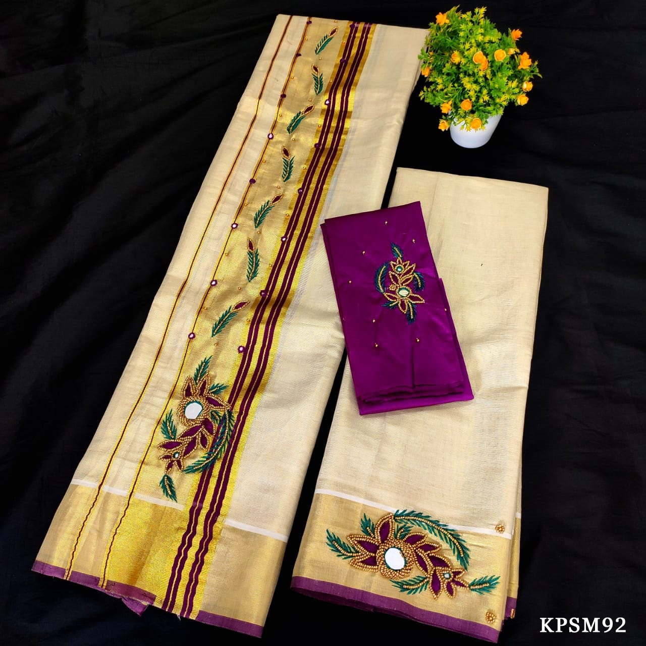 Kerala Tissue Set Mundu with Blouse Material / Indian traditional women clothing/ Handmade designs/Vishu Onam wear