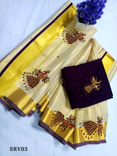 Golden Tissue Hand work Set Mundu with Blouse Material / Kerala traditional women clothing/ Handmade designs,Onam, Vishu,Ramadan, Christmas