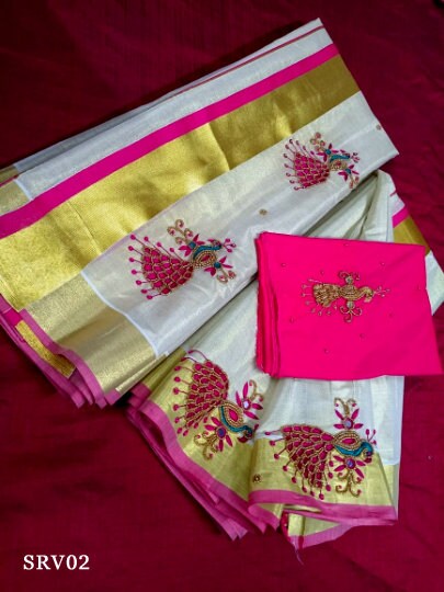 Golden Tissue Hand work Set Mundu with Blouse Material / Kerala traditional women clothing/ Handmade designs,Onam, Vishu,Ramadan, Christmas