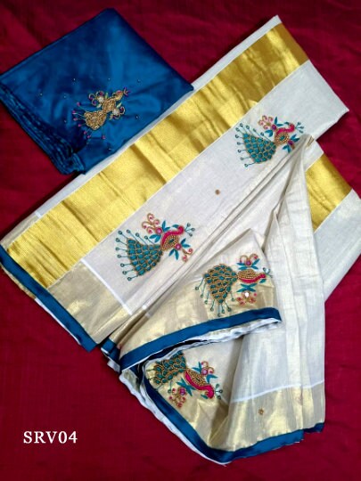 Golden Tissue Hand work Set Mundu with Blouse Material / Kerala traditional women clothing/ Handmade designs,Onam, Vishu,Ramadan, Christmas