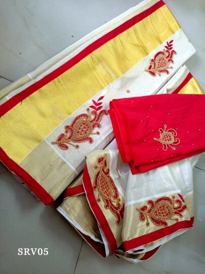 Golden Tissue Hand work Set Mundu with Blouse Material / Kerala traditional women clothing/ Handmade designs,Onam, Vishu,Ramadan, Christmas