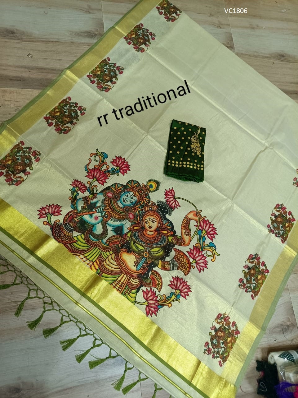 Kerala traditional big mural printed Tissue Saree with stiched Blouse or non stiched blouse Material, Beautiful Kerala designs