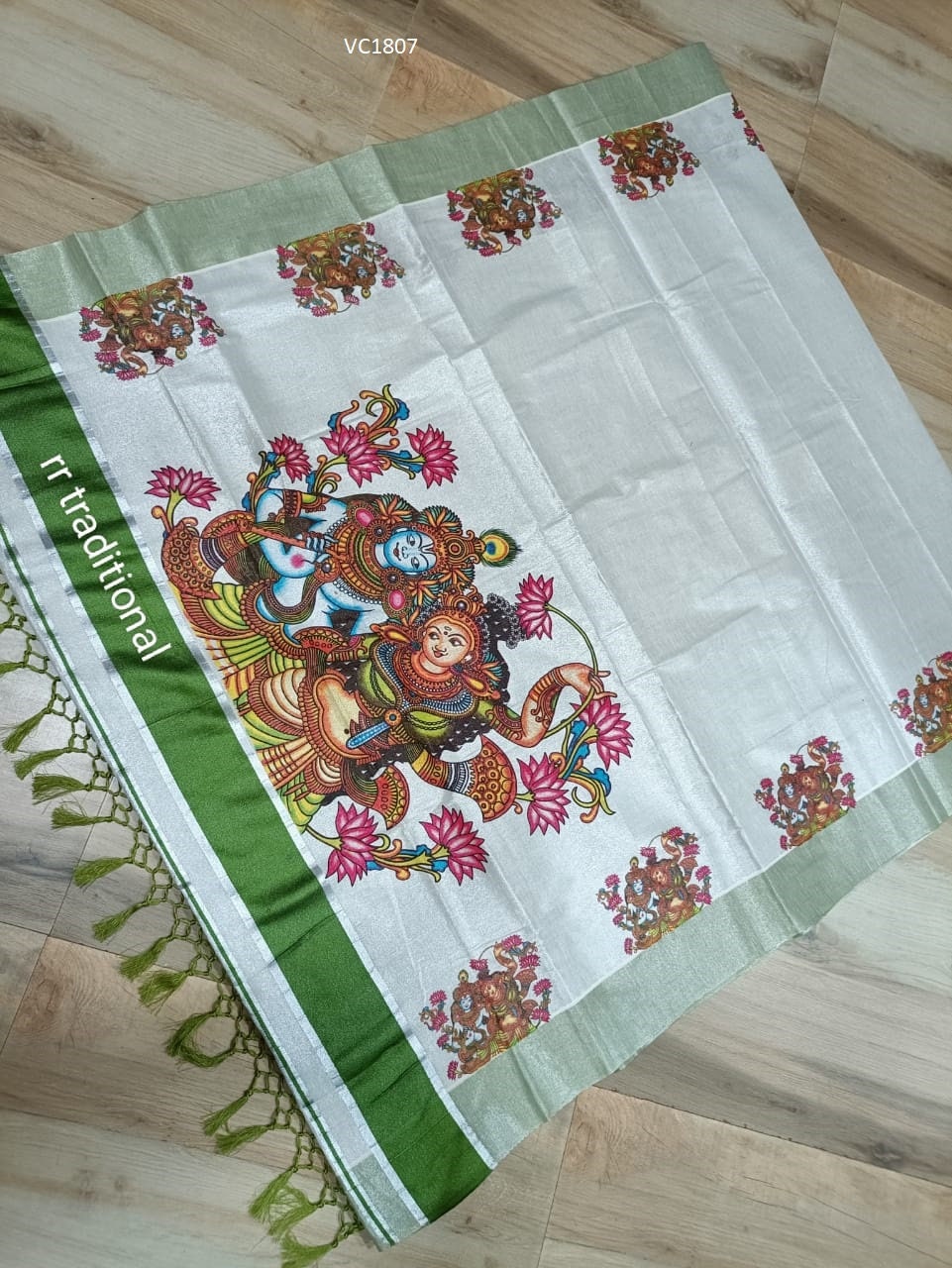 Kerala traditional big mural printed Tissue Saree with stiched Blouse or non stiched blouse Material, Beautiful Kerala designs