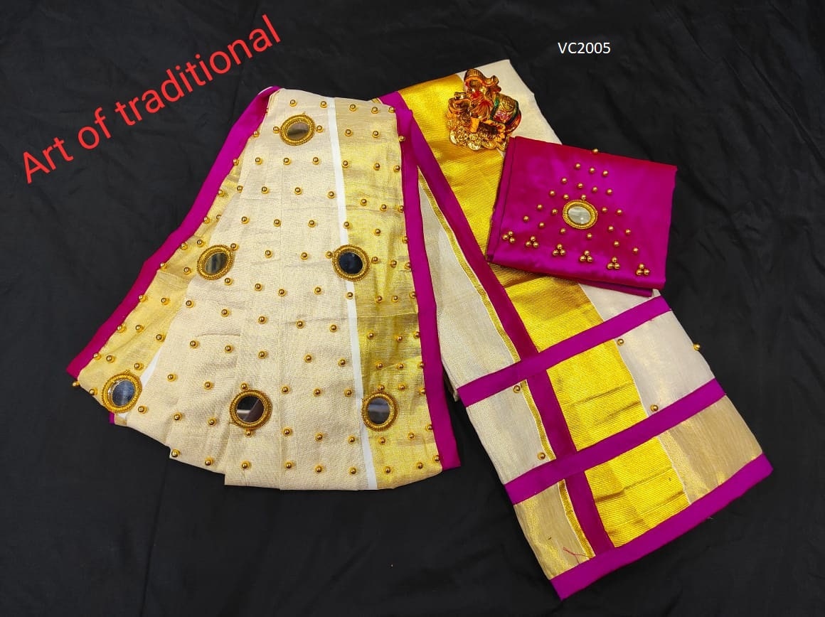 Pre pleated Golden Tissue Set Mundu with Blouse Material / Kerala traditional/ Handmade designs/Onam,Vishu,Christmas,Birthday,Festival