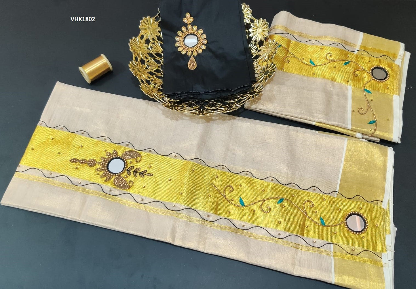 Kerala heavy beed mirror work tissue set mundu with matching blouse / Handmade designs / Stitched blouse/Onam,Vishu, Christmas, Birthday