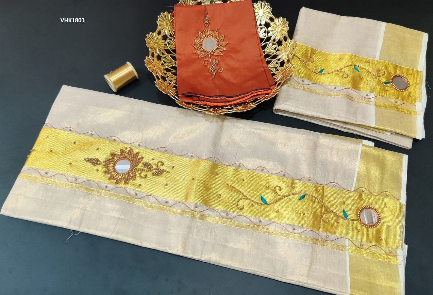 Kerala heavy beed mirror work tissue set mundu with matching blouse / Handmade designs / Stitched blouse/Onam,Vishu, Christmas, Birthday