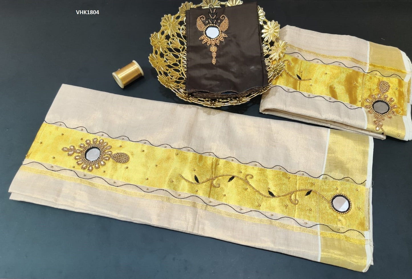 Kerala heavy beed mirror work tissue set mundu with matching blouse / Handmade designs / Stitched blouse/Onam,Vishu, Christmas, Birthday