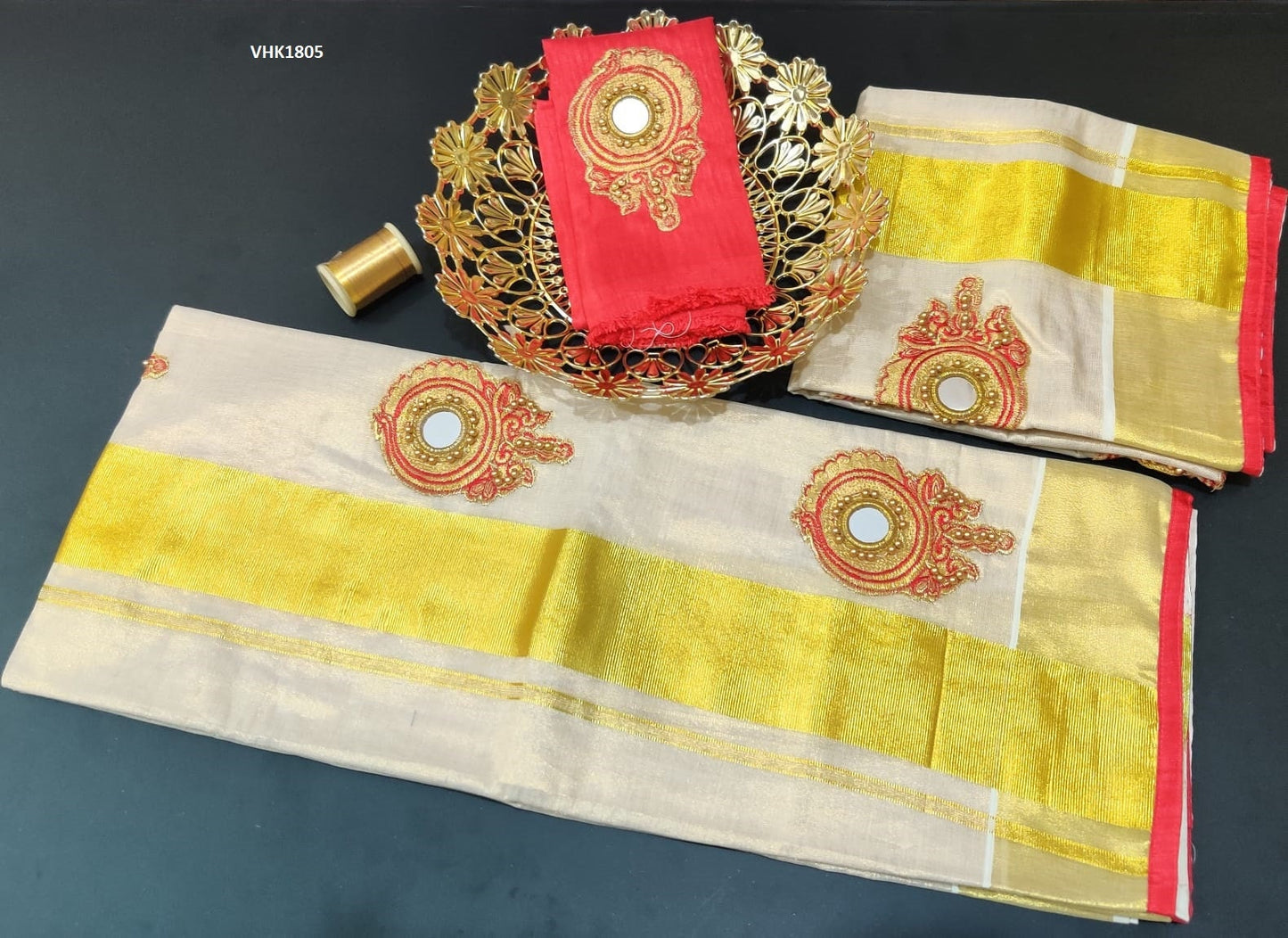 Kerala heavy beed mirror work tissue set mundu with matching blouse / Handmade designs / Stitched blouse/Onam,Vishu, Christmas, Birthday