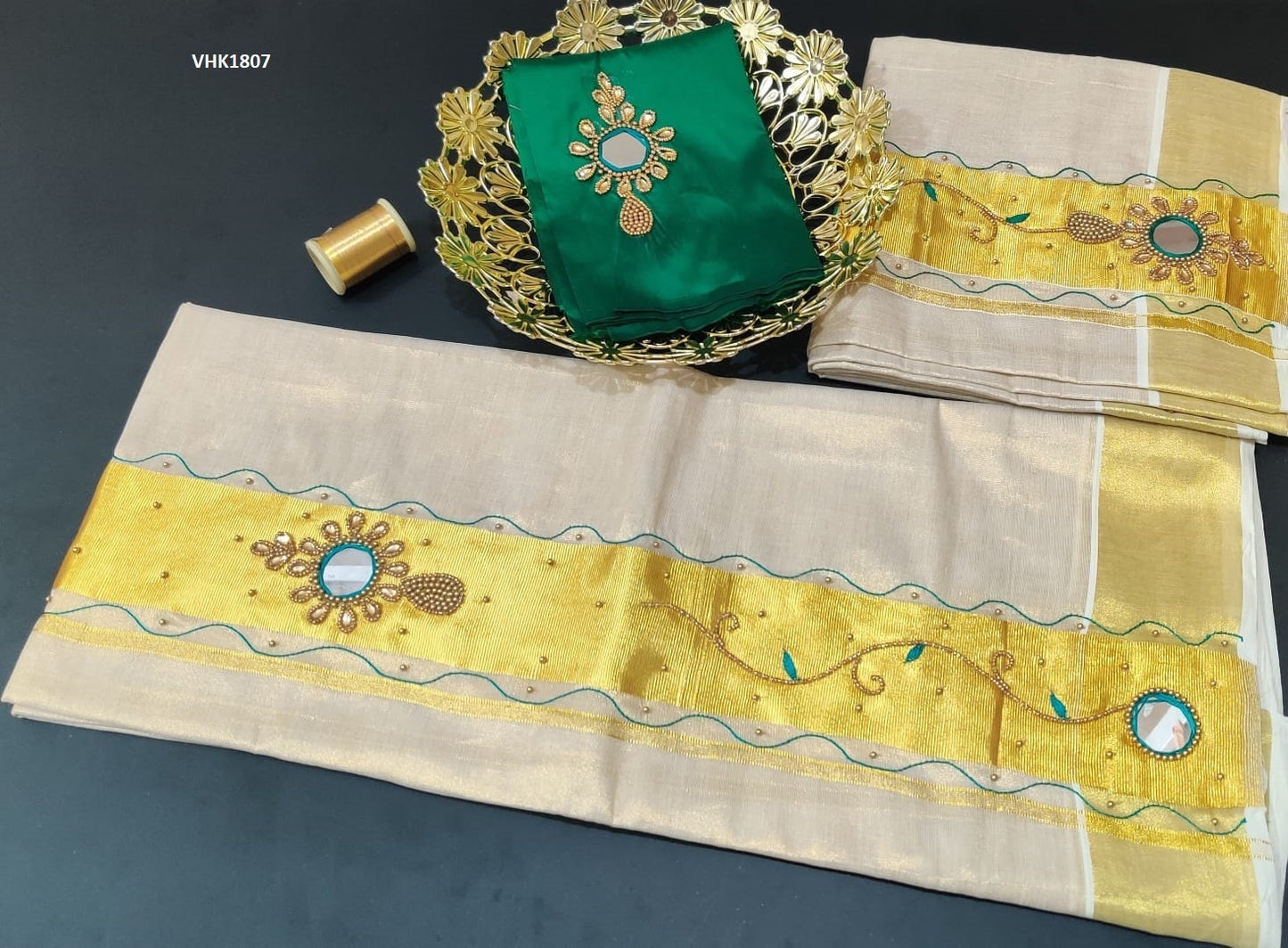 Kerala heavy beed mirror work tissue set mundu with matching blouse / Handmade designs / Stitched blouse/Onam,Vishu, Christmas, Birthday