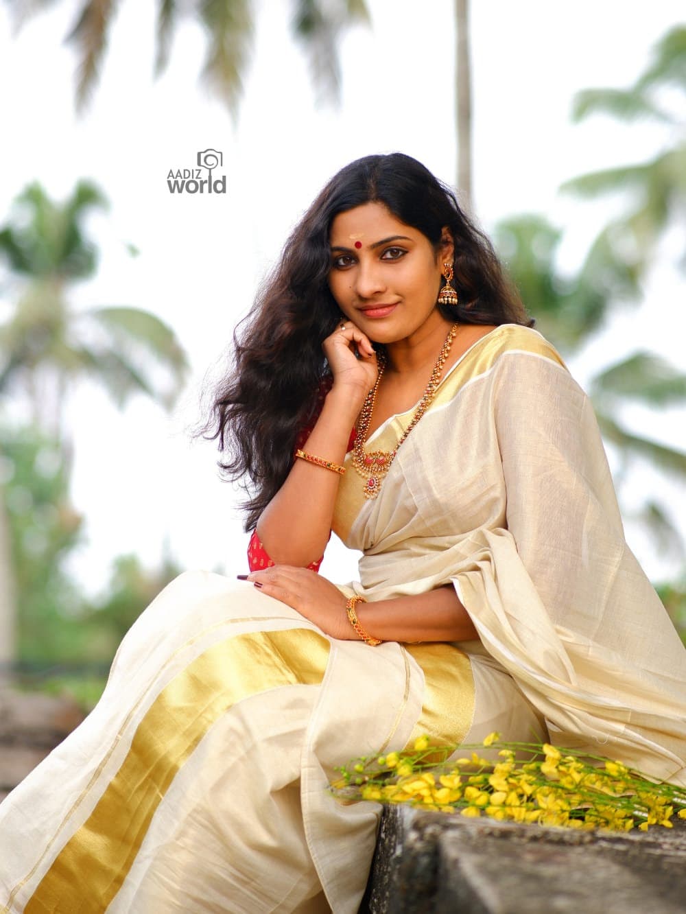 Golden Tissue Set Mundu with Blouse Material / Kerala traditional/ Handmade designs/Onam,Vishu,Festival wear