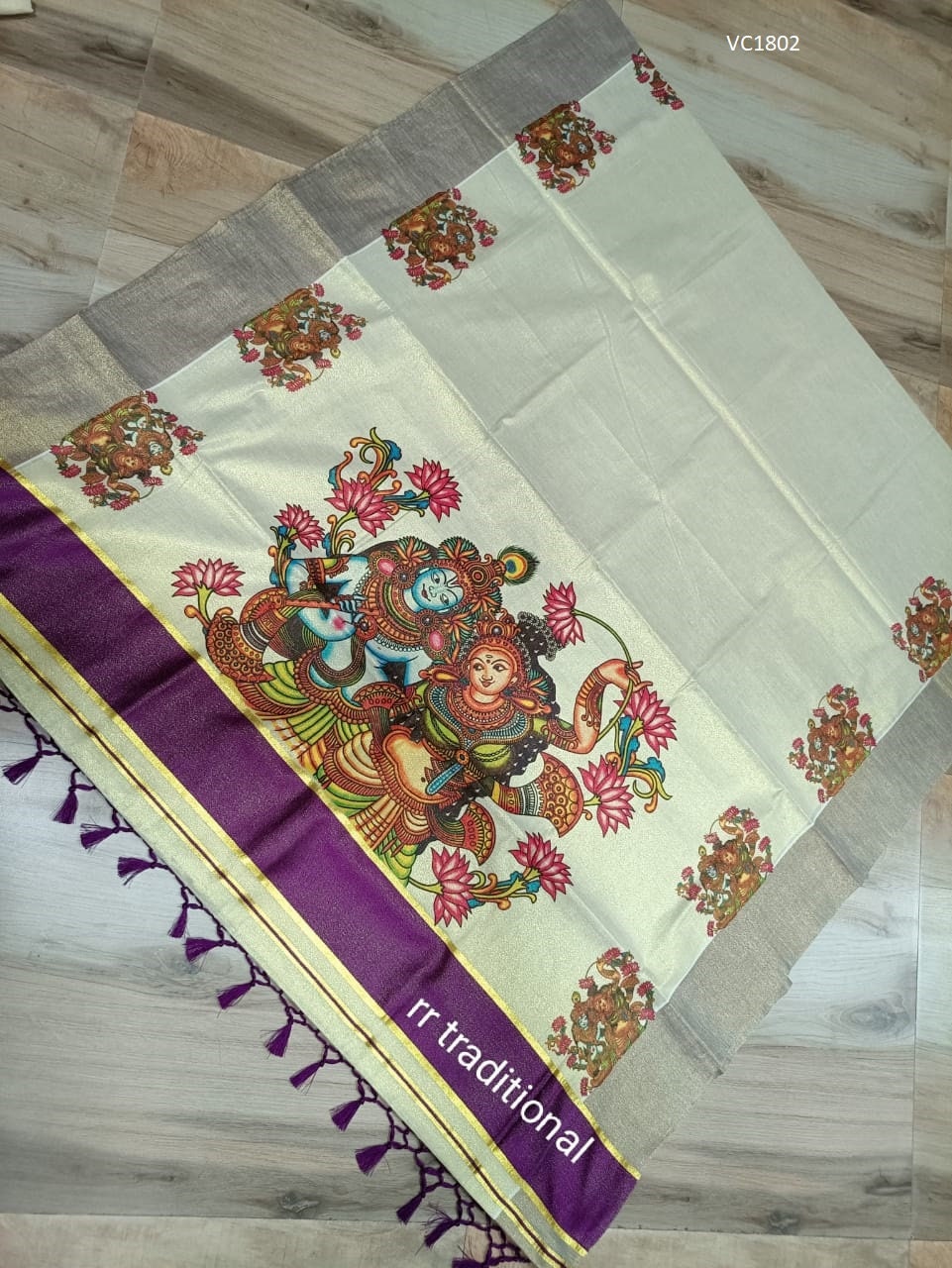 Kerala traditional big mural printed Tissue Saree with stiched Blouse or non stiched blouse Material, Beautiful Kerala designs
