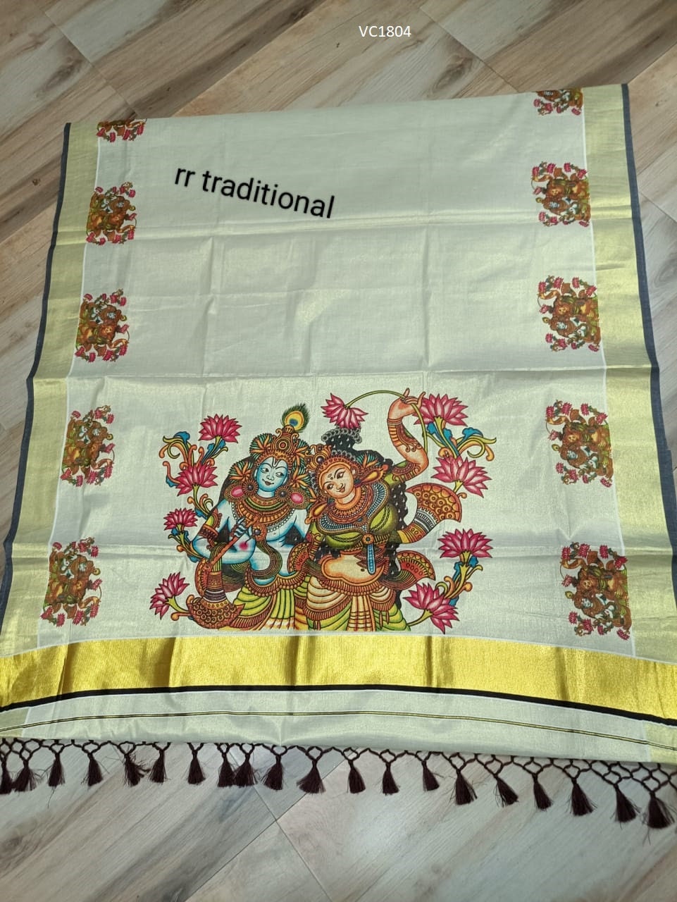 Kerala traditional big mural printed Tissue Saree with stiched Blouse or non stiched blouse Material, Beautiful Kerala designs