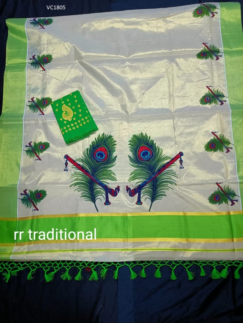 Kerala traditional big mural printed Tissue Saree with stiched Blouse or non stiched blouse Material, Beautiful Kerala designs