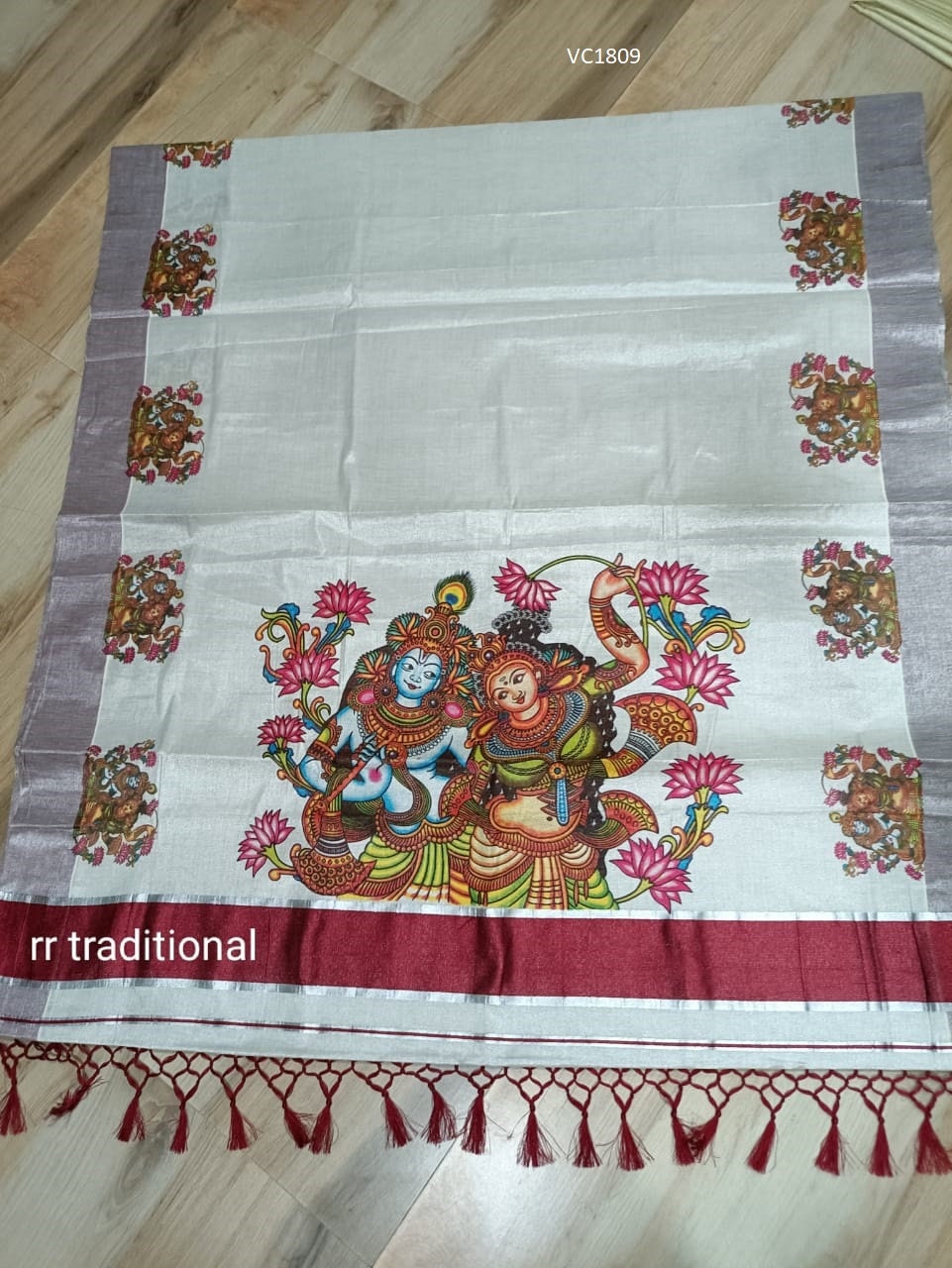 Kerala traditional big mural printed Tissue Saree with stiched Blouse or non stiched blouse Material, Beautiful Kerala designs