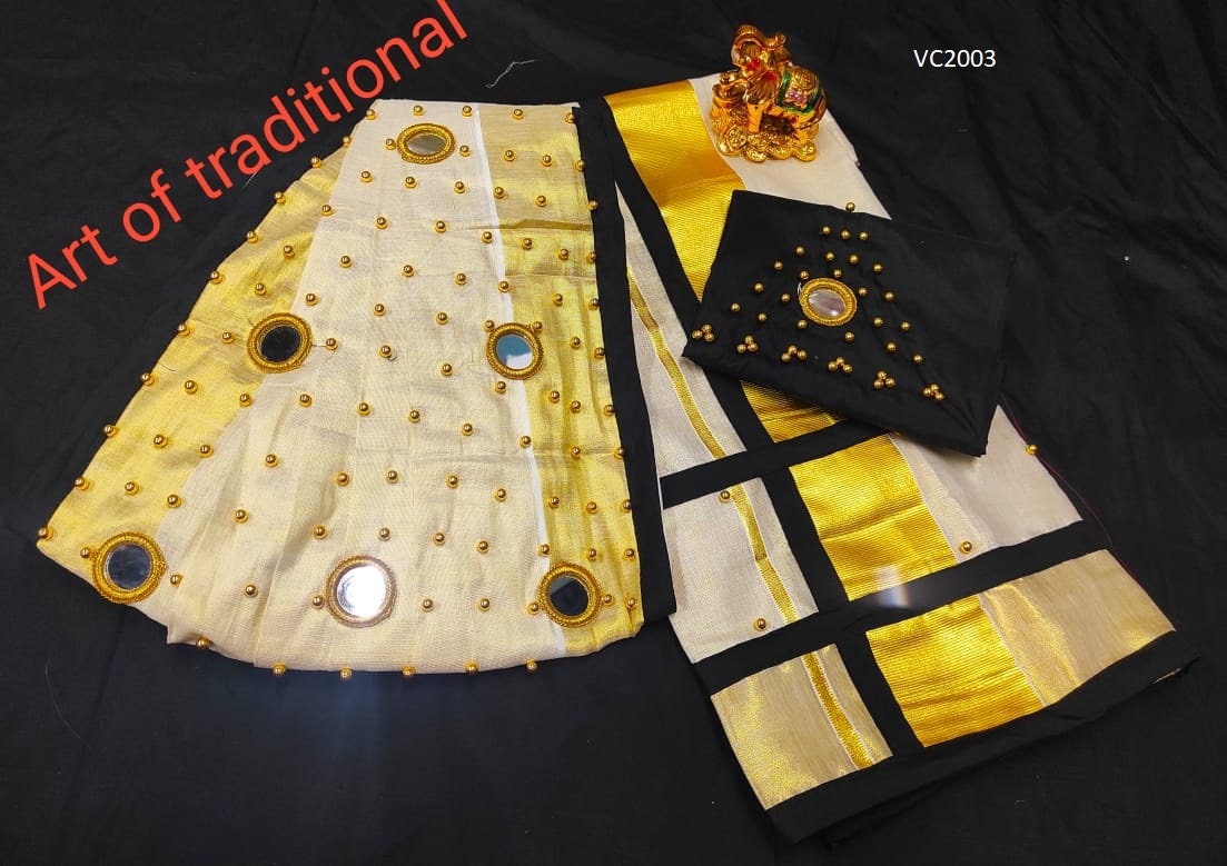 Pre pleated Golden Tissue Set Mundu with Blouse Material / Kerala traditional/ Handmade designs/Onam,Vishu,Christmas,Birthday,Festival