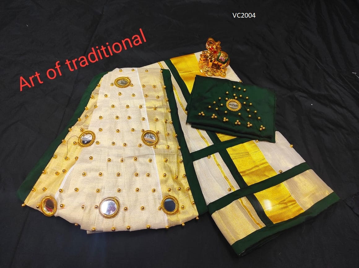 Pre pleated Golden Tissue Set Mundu with Blouse Material / Kerala traditional/ Handmade designs/Onam,Vishu,Christmas,Birthday,Festival