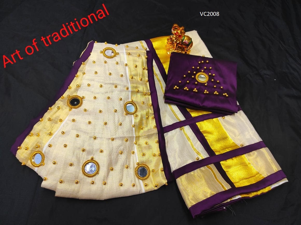 Pre pleated Golden Tissue Set Mundu with Blouse Material / Kerala traditional/ Handmade designs/Onam,Vishu,Christmas,Birthday,Festival