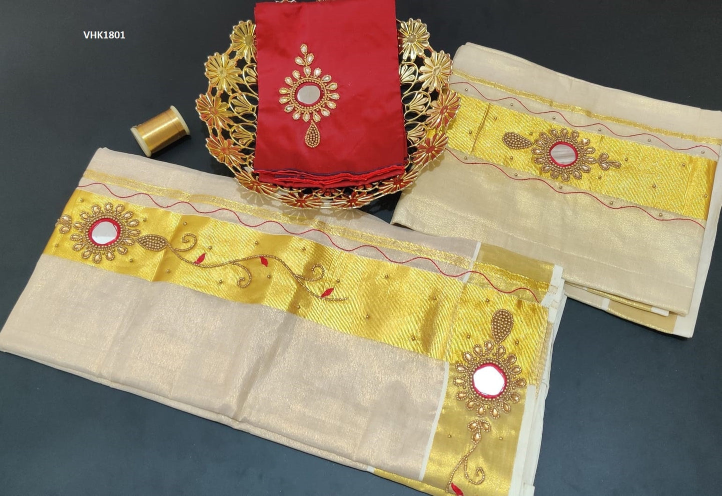 Kerala heavy beed mirror work tissue set mundu with matching blouse / Handmade designs / Stitched blouse/Onam,Vishu, Christmas, Birthday