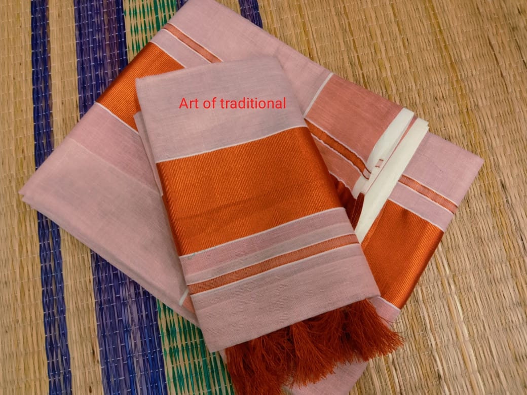 Kerala Copper Tissue Set Mundu with Kunchalam ,Blouse Stitched /Material, traditional Clothing ,Handmade ,Onam, Vishu,Pooja ,Wedding
